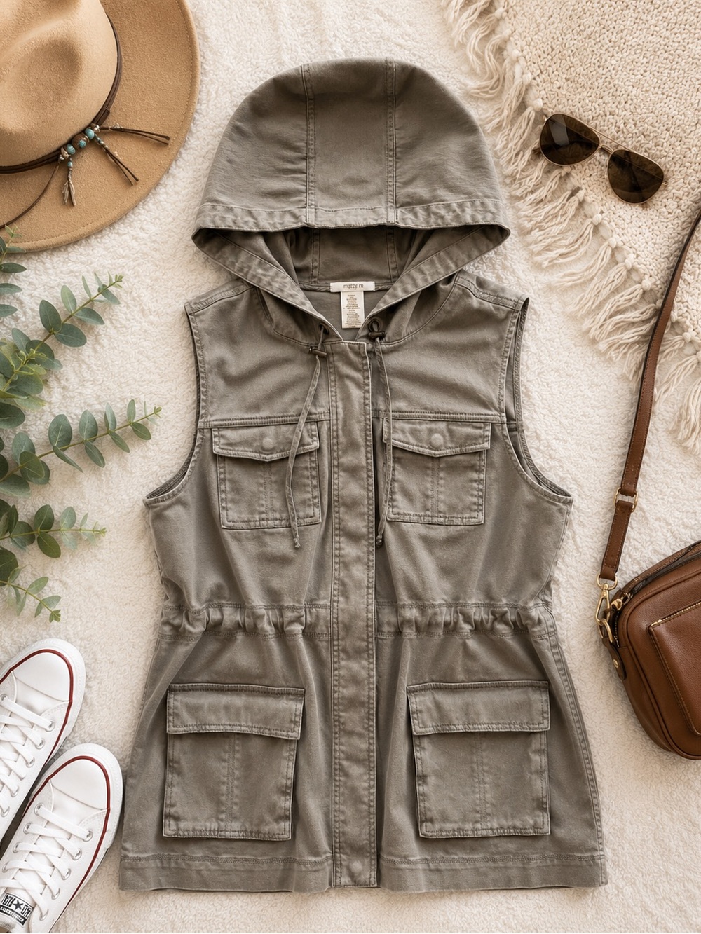 Matty M Utility Hooded Vest Taupe Snap Front Cargo Stretch Size Medium